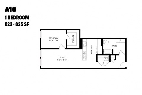Floor plan for 1 bed, 1 bath, 825 sqft